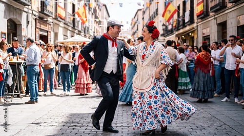 Couple dancing traditional chotis at San Isidro festival in Madrid, Spain