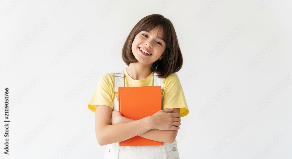 Fototapeta premium Portrait of a smiling young girl in yellow t-shirt and white overalls holding an orange notebook