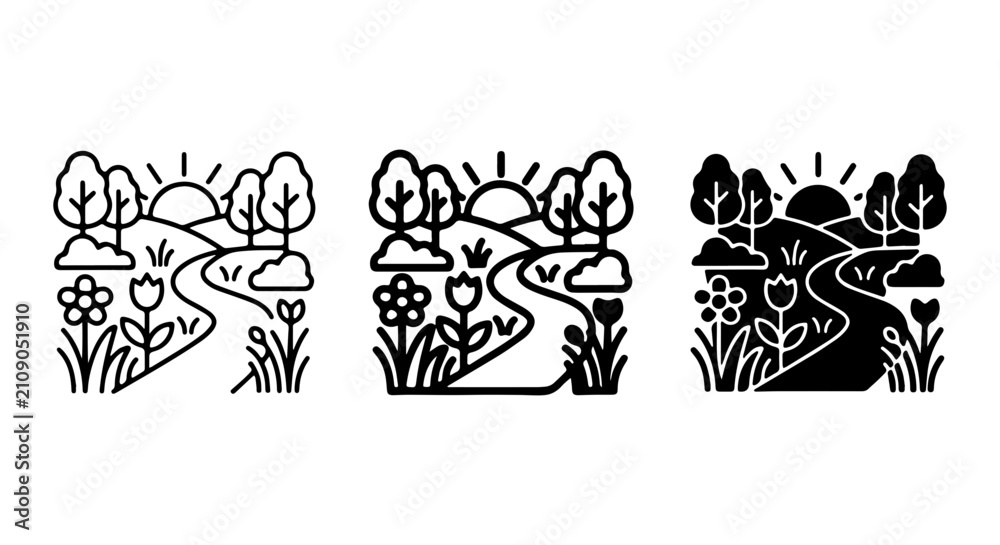 Fototapeta premium Nature Landscape Icons Set, Spring Meadow Path, Stylized Trees and Flowers, Sunny Day Vector Graphics