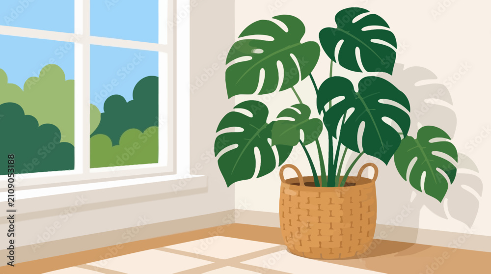 Fototapeta premium Cozy Indoor Interior with Monstera Plant in Wicker Basket by Window