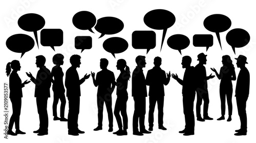 Group of people silhouettes with speech bubbles talking to each other in a social gathering.
