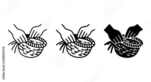 Foto Basket Weaving Process Icons, Handcrafting Tutorial Steps, Artisan Craftsmanship