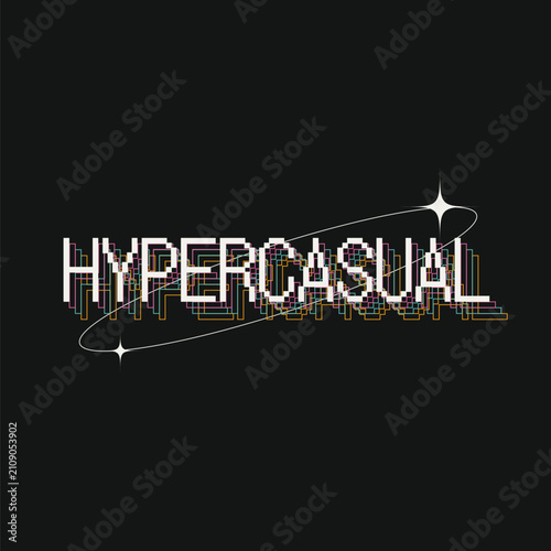 Pixel Style Text of 'Hypercasual' with Colorful Line Trails and Space Orbit Ring with Glitters, Black Background