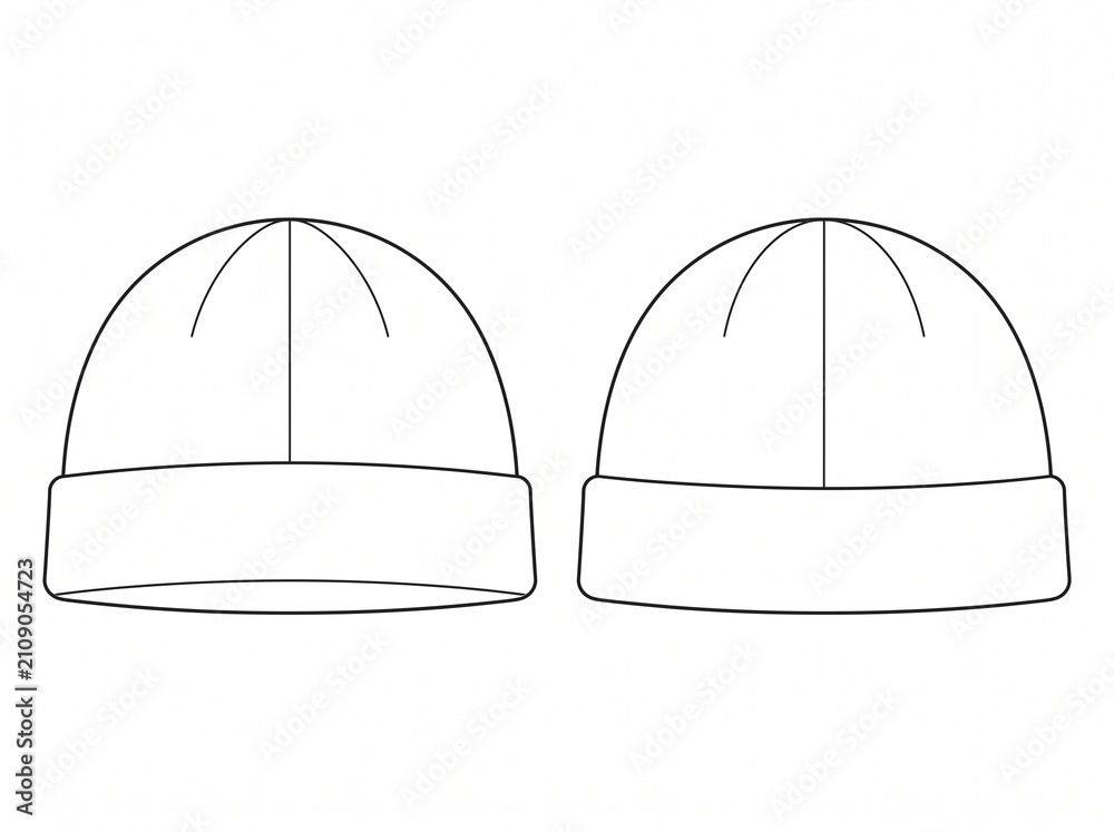 Fototapeta premium Folded Cuff Knit Beanie Hat Technical Line Art Vector Mockup Template for Production