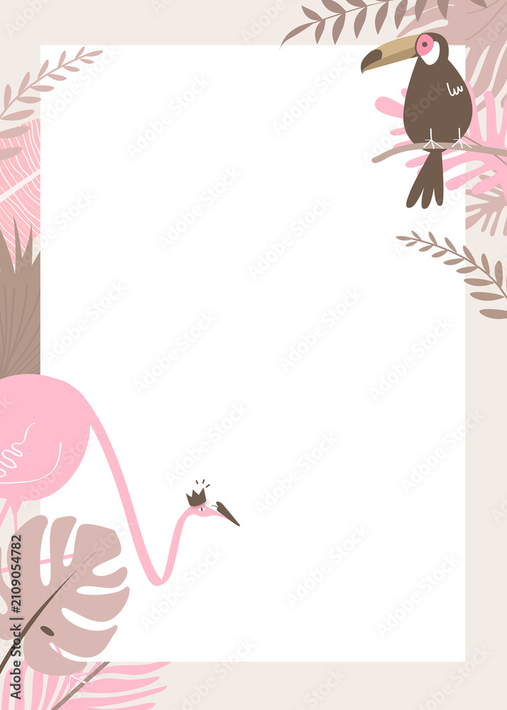 Fototapeta premium Pastel botanical frame png with tropical flamingo and toucan, transparent background