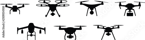 Bild auf Leinwand Collection of diverse drone silhouettes with multiple rotor designs, quadcopters