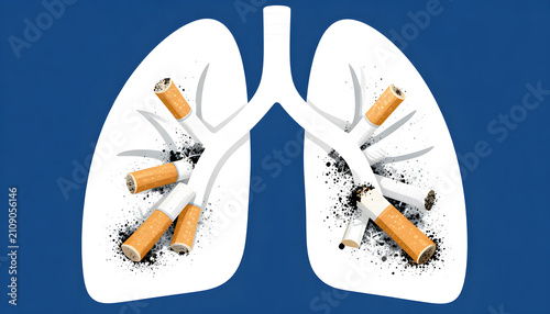 Abstract vector illustration of a human lung made from cigarettes on a white background, symbolizing smoking addiction, lung disease and tobacco health risks.