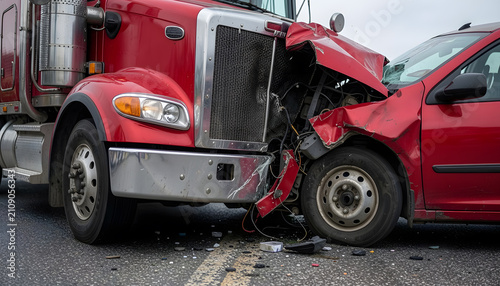 Severe traffic accident involving a red semi-truck and a red passenger car after a high-impact collision on a highway, with heavily damaged vehicles, scattered debris and an emergency road safety, ad