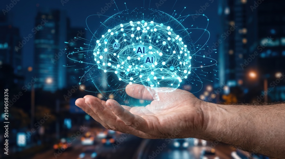 Fototapeta premium Futuristic concept of artificial intelligence held in human hand, glowing digital brain network with neural connections, smart technology innovation, machine learning data visua...