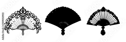 Victorian handheld folding fan set with ornate line art featuring royal decorative flourishes with isolated white background and Victorian embellishments
