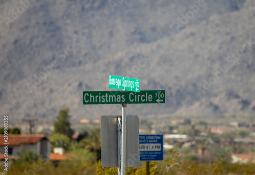 The Christmas Circle Dr and Borrego Springs Rd signs in Borrego Springs, Californina. USA