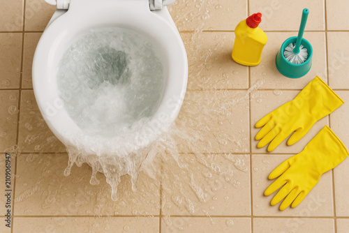 Overflowing toilet water splashing onto tiled floor with yellow rubber glove, cleaning brush, and bucket nearby during bathroom maintenance