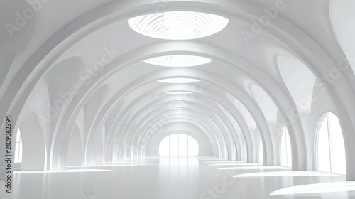 Modern white architectural corridor with arches and natural sunlight