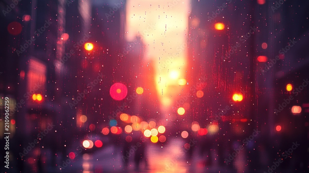 Naklejka premium Blurry city street scene at sunset, rain