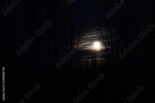 Full moon on a cloudy winter night in Alaska. 