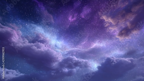 Dramatic celestial scene of swirling clouds with stars in shades of purple and blue
