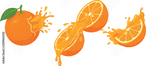 Fotografie Fresh orange citrus fruit vector set icon with commercial juice splash isolated