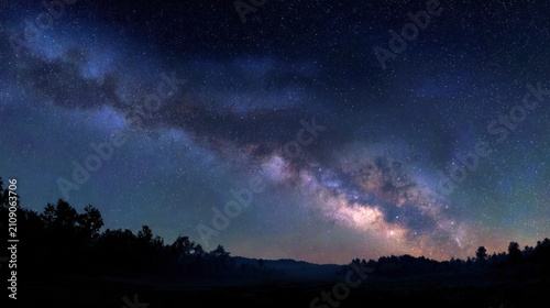 Night sky panorama with vibrant stars and galactic dust over dark landscape