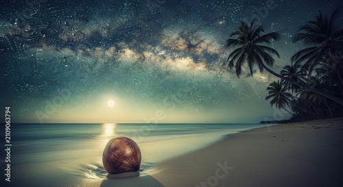Surreal beach scene with a mysterious floating orb under the milky way.