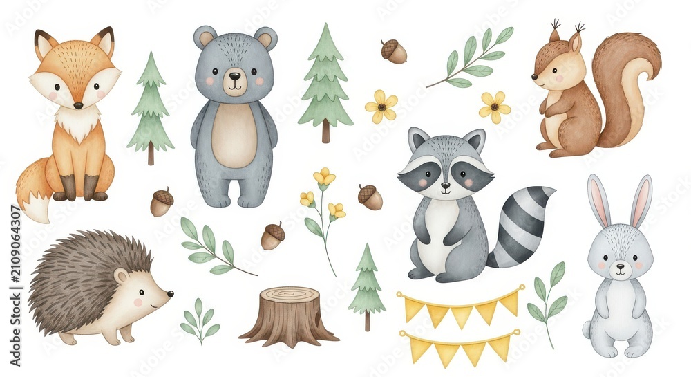 Obraz premium Cute Watercolor Woodland Animals Clipart Set with Fox Bear Raccoon Rabbit Hedgehog and Squirrel for Nursery Decor and Kids Design