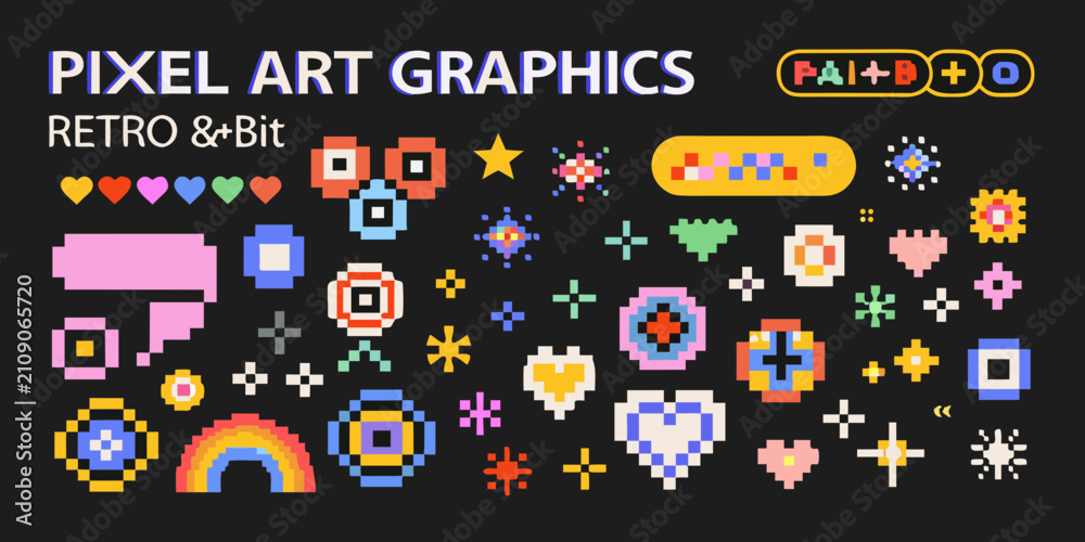 Fototapeta premium Pixel Art Graphics Collection In Retro 8 Bit Style