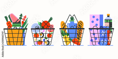 Fotografia Colorful Wire Shopping Baskets Filled With Groceries Vector Illustration