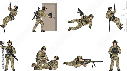 Konstfotografi Vector Set of Modern Special Forces Soldiers Performing Tactical Operations Rapp