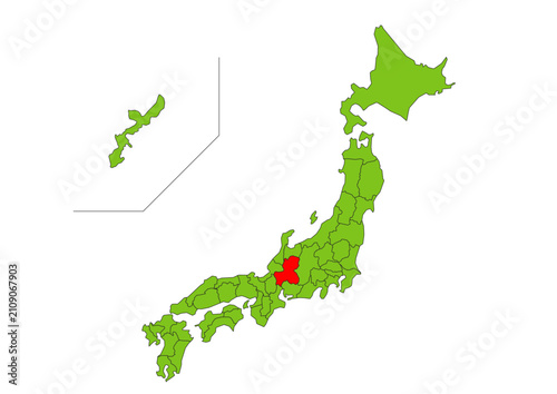 Cuadro en lienzo 岐阜県を赤色で強調した緑色日本地図イラスト素材
