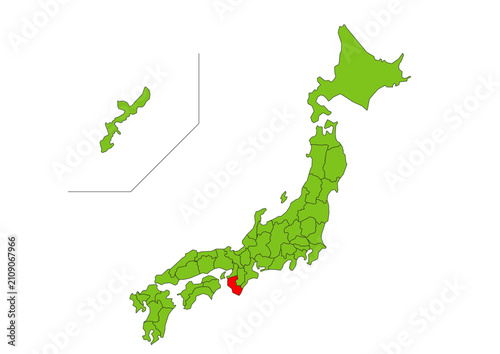 Foto 和歌山県を赤色で強調した緑色日本地図イラスト素材
