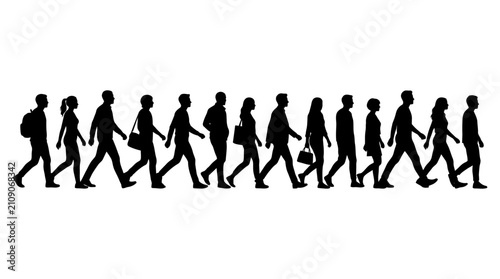 Black silhouettes of a diverse group of people walking together in a line.