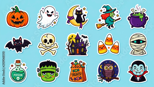 Halloween holiday sticker pack with cute monsters and spooky elements.