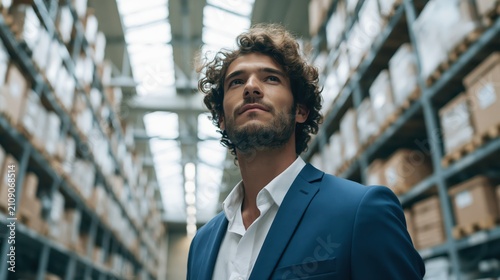 Confident Businessman in Blue Suit Standing in Warehouse