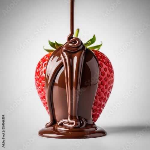 Rich dark melted chocolate cascades smoothly over a ripe vibrant red strawberry, creating a glossy coating against a minimalist background, ingredients, red, pastry