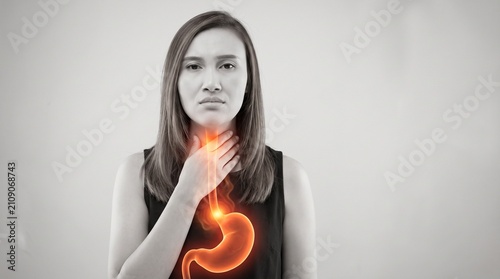 Woman Experiencing Acid Reflux and Heartburn with Digestive System Medical Illustration
