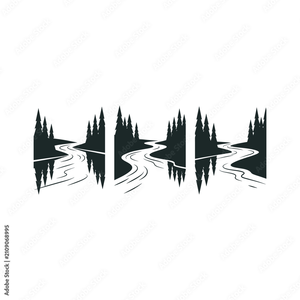 Obraz premium A graphic representation of a winding river flowing through a forest with its reflection mirrored below.