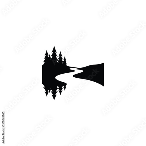 A minimalist silhouette of a winding river flowing through a landscape with pine trees on either side.