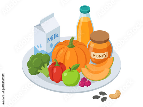 An isometric vector illustration displays a plate filled with wholesome foods like milk, orange juice, one pumpkin, honey, broccoli, red pepper, a green apple, melon slices, and a few scattered seeds