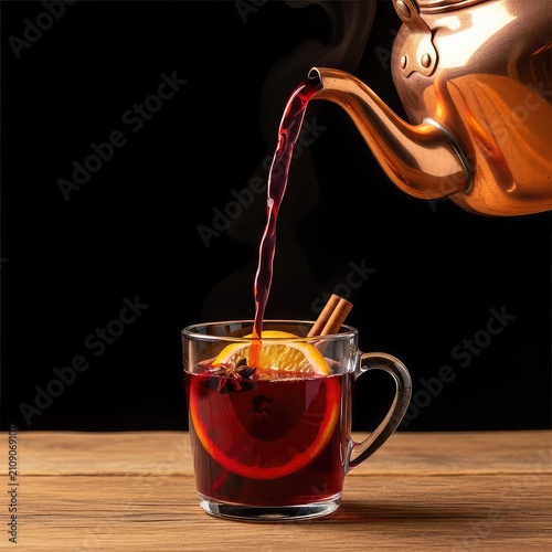 Warm spiced red mulled wine pours from a polished copper kettle into a clear glass mug featuring an orange slice and cinnamon on wood, mug, warmth, mulled wine
