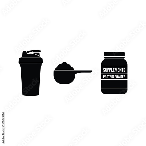 Set of icons representing protein powder supplements including a shaker bottle, scoop, and container.