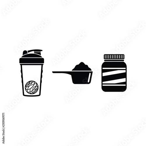Set of icons representing protein powder supplements including a shaker bottle, scoop, and container.