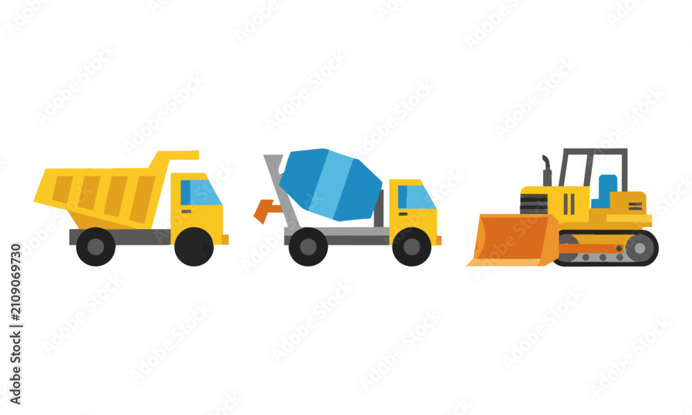 Naklejka premium Set of three construction machinery icons including a dump truck cement mixer and bulldozer with simple geometric shapes on a white background construction concept