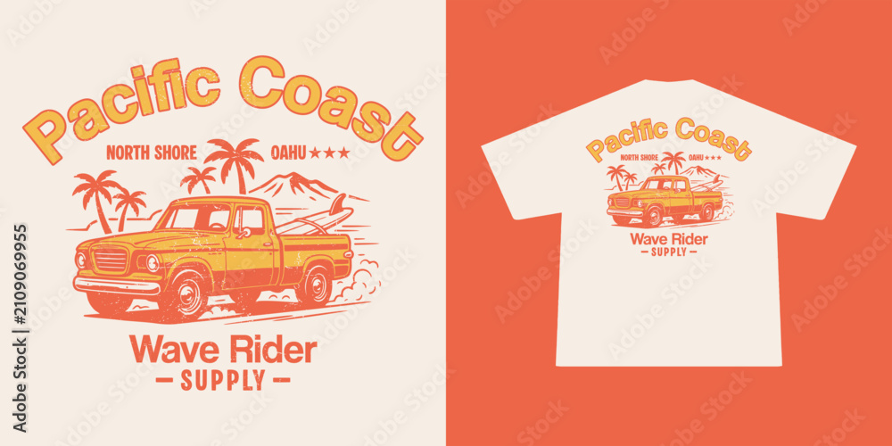 Obraz premium Vintage Pickup Truck T-Shirt Design with surfboard. Classic Style Typography
