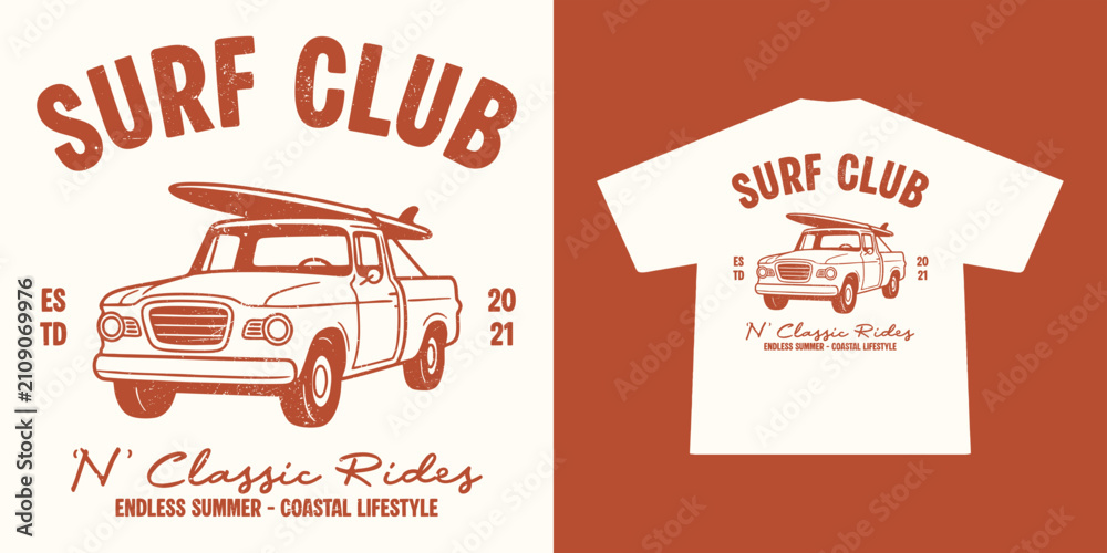 Obraz premium Vintage Pickup Truck T-Shirt Design with surfboard. Classic Style Typography