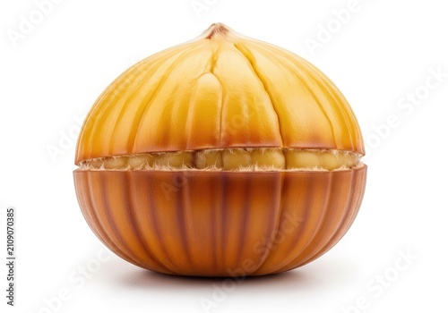 A single golden brown peeled roasted chestnut showing a smooth texture and rich color, perfectly isolated on a clean white background, roasted, treat, detail