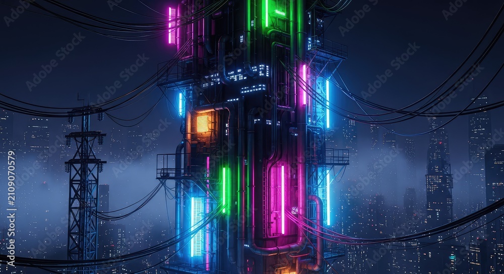 Fototapeta premium A sprawling vertical cityscape at night filled with glowing neon lights, heavy fog, industrial metal pipes, and tangled power cables, abstract, decay, tech