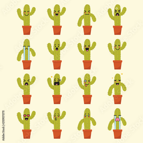 Green cactus character emoji set