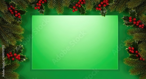 A vibrant green screen border featuring festive pine tree branches and red holly berries arranged around the edges for chroma key effects, berries, holiday, vegetation