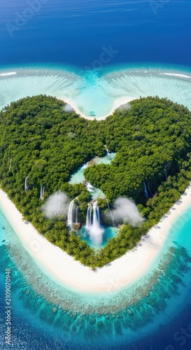 Aerial view of a heart-shaped tropical atoll featuring dense emerald jungle, white sand beaches, and misty waterfalls flowing into blue sea, misty, vista, beach