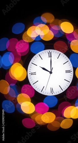 An abstract view of a round analog clock face glowing through vibrant, multi-colored bokeh lights, creating a soft and atmospheric scene, sparkle, bokeh, blur