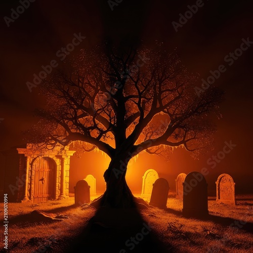 An eerie Halloween graveyard with ancient tombstones, a stone crypt, and a gnarled mossy tree illuminated by magical orange glowing light, spooky, celebration, mist